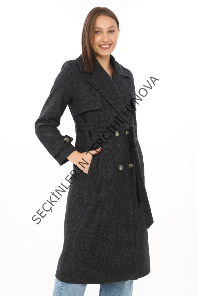 Premium Kaşe Kaban Uzun Boy, Balık Sırtı Yünlü Kaşmir Dokuma, Kruvaze Kuşaklı Astarlı - Siyah