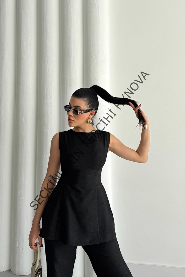 JAKAR KETEN KOLSUZ BLUZ-PANTOLON TK - Siyah