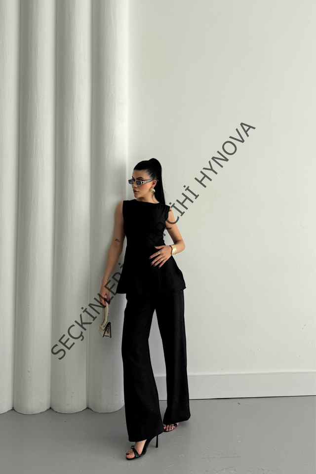 JAKAR KETEN KOLSUZ BLUZ-PANTOLON TK - Siyah