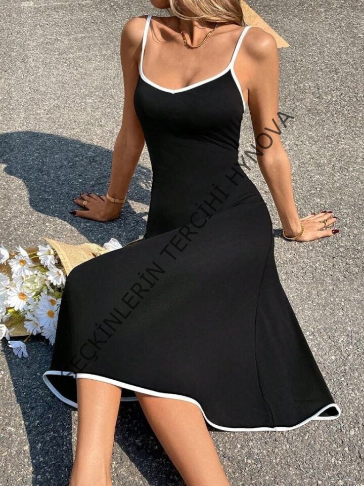 Kadın Ip Askılı Geniş V Yakalı Midi Janjan Krep Elbise