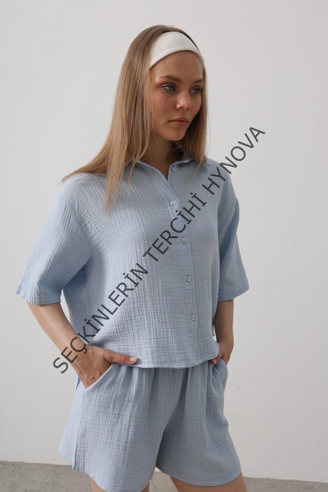 Yarım Kol Müslin Gömlek - Bebe Mavisi