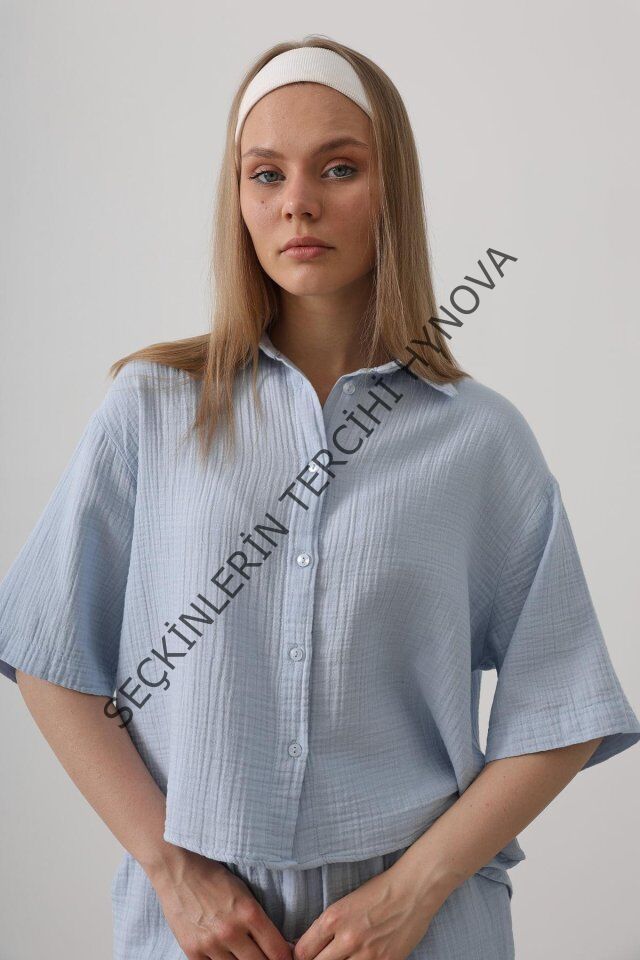 Yarım Kol Müslin Gömlek - Bebe Mavisi