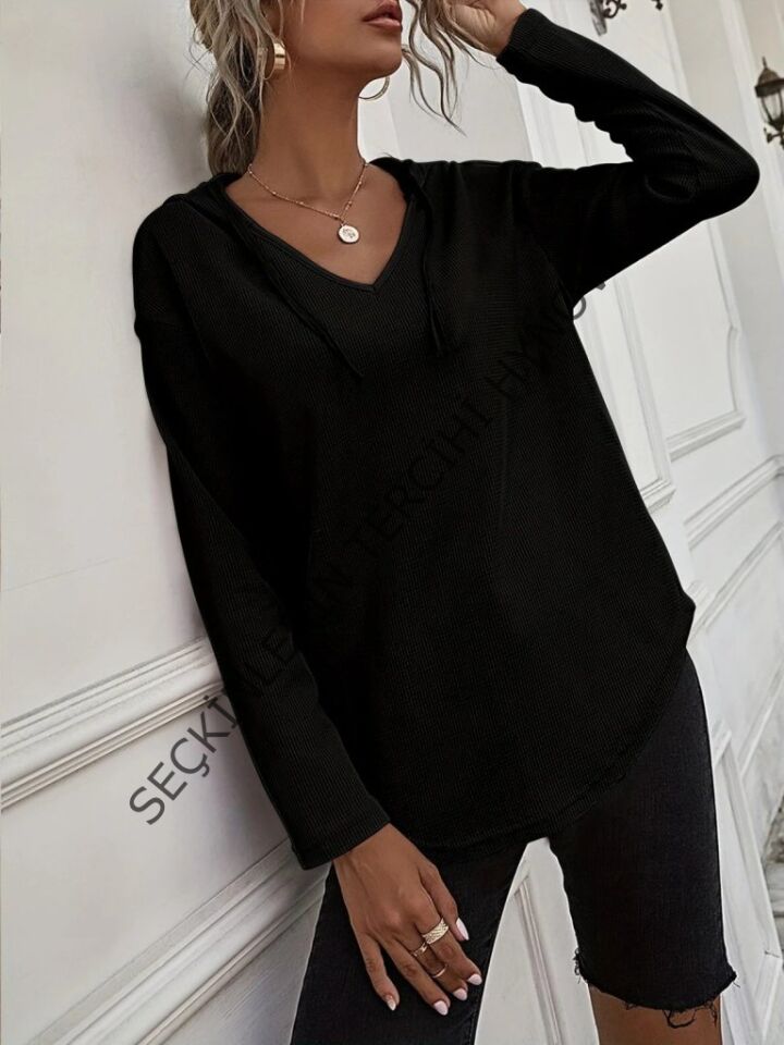 Kadın Uzun Kollu V Yakalı Kapşonlu Waffle Bluz