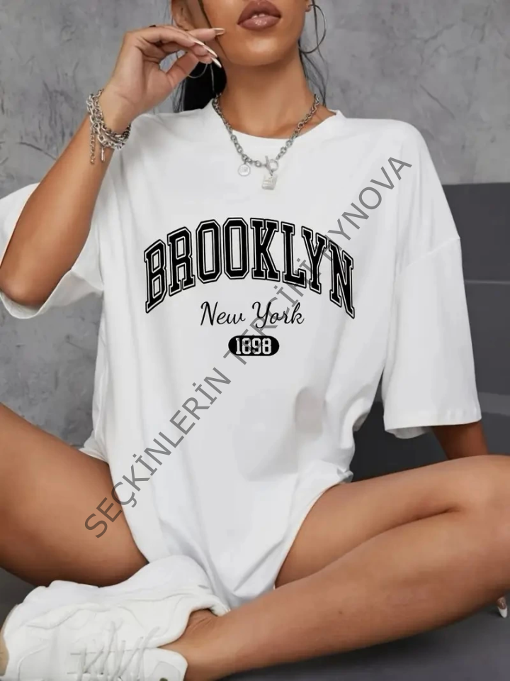 Baskılı Oversize Bisiklet Yaka T-shirt - Beyaz