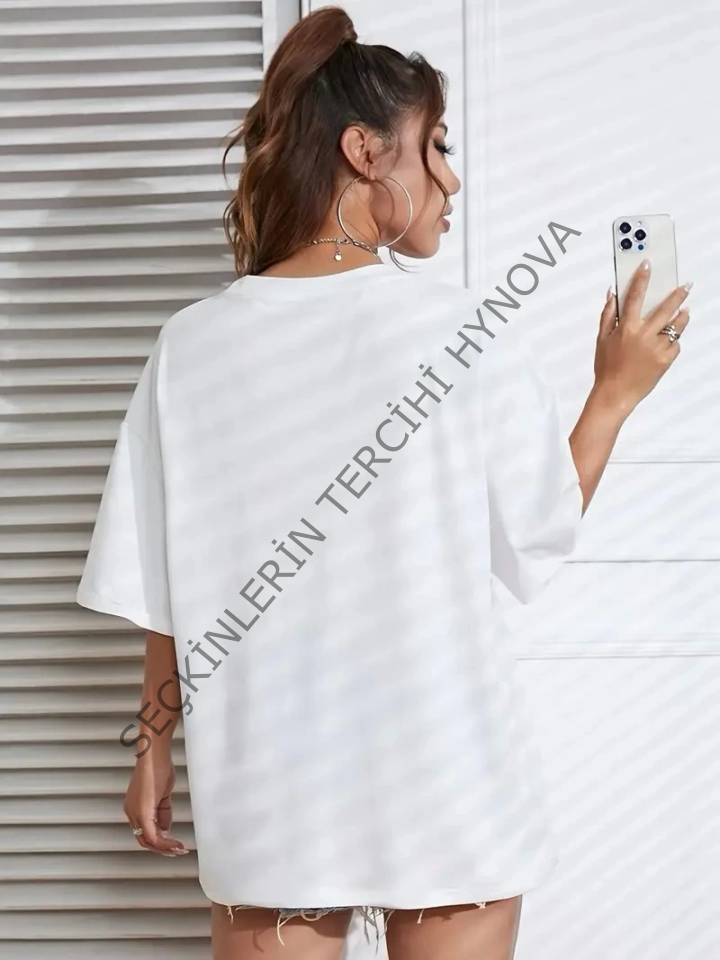 Baskılı Oversize Bisiklet Yaka T-shirt - Beyaz