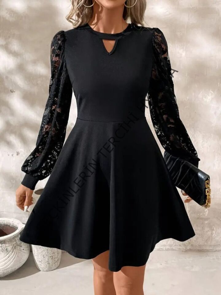 Kadın Uzun Kollu Yuvarlak Damla Detaylı Kolları Tül Detaylı Kısa Ithal Krep Elbise