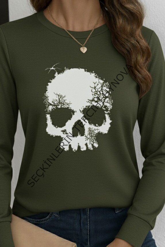 Kadın Uzun Kollu Bisiklet Yaka Kurukafa Desenli Viskon Bluz