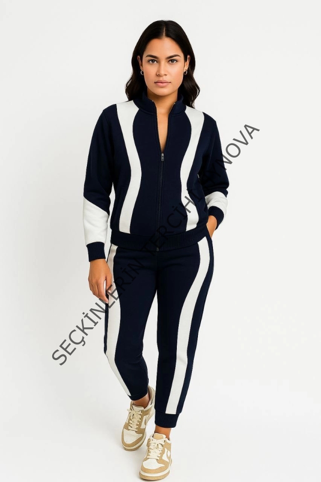 Premium Parçalı Eşofman Takım - Dik Yaka Fermuarlı Sweatshirt - Siyah