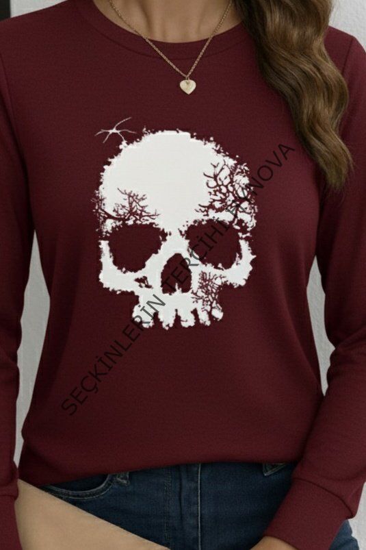 Kadın Uzun Kollu Bisiklet Yaka Kurukafa Desenli Viskon Bluz