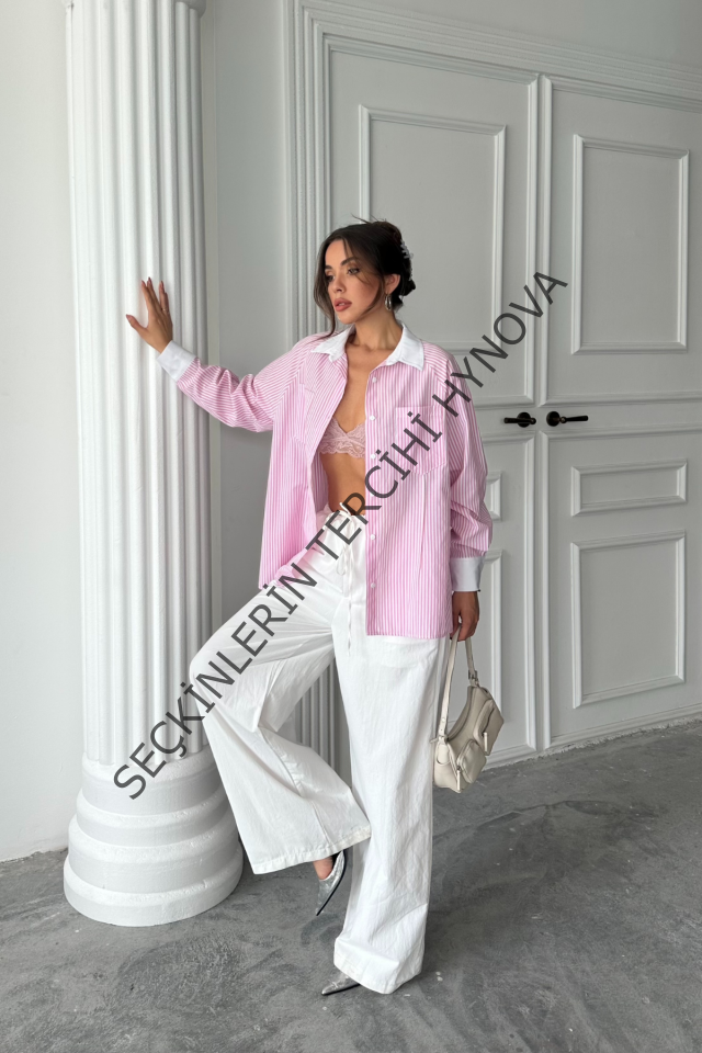 YAKA VE MANŞET BEYAZBOYFRİEND ÇİZGİLİPOPLİN GÖMLEK - Pembe