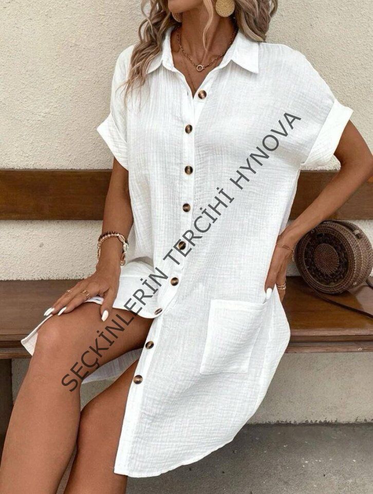 Kadın Kısa Kollu Cep Detaylı Bürümcük Kumaş Gömlek Elbise