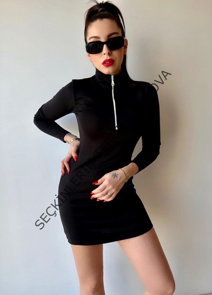 Kadın Balıkçı Yaka Fermuar Detay Mini Elbise