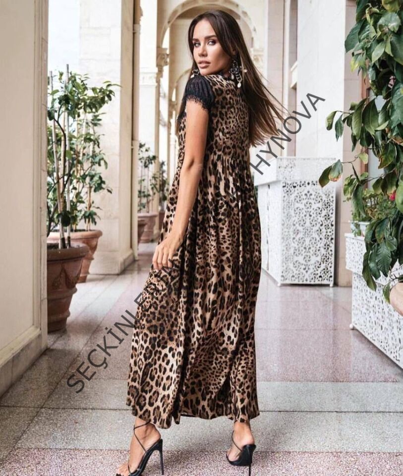 Kadın Leopar Desenli Dantelli Jesica Kumaş Maxi Boy Elbise