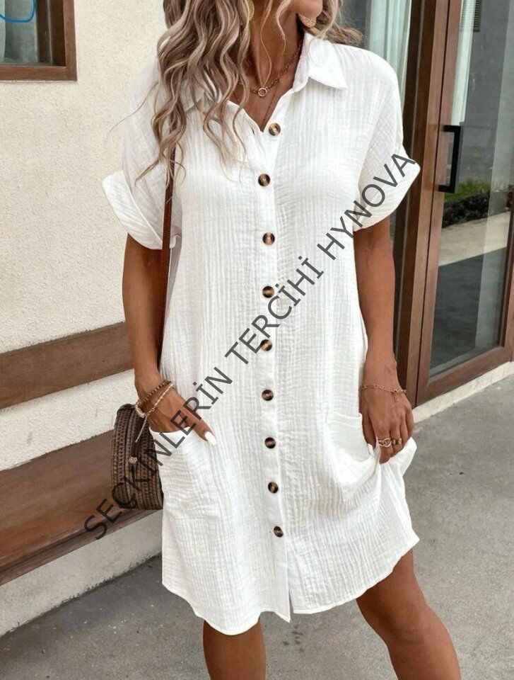 Kadın Kısa Kollu Cep Detaylı Bürümcük Kumaş Gömlek Elbise