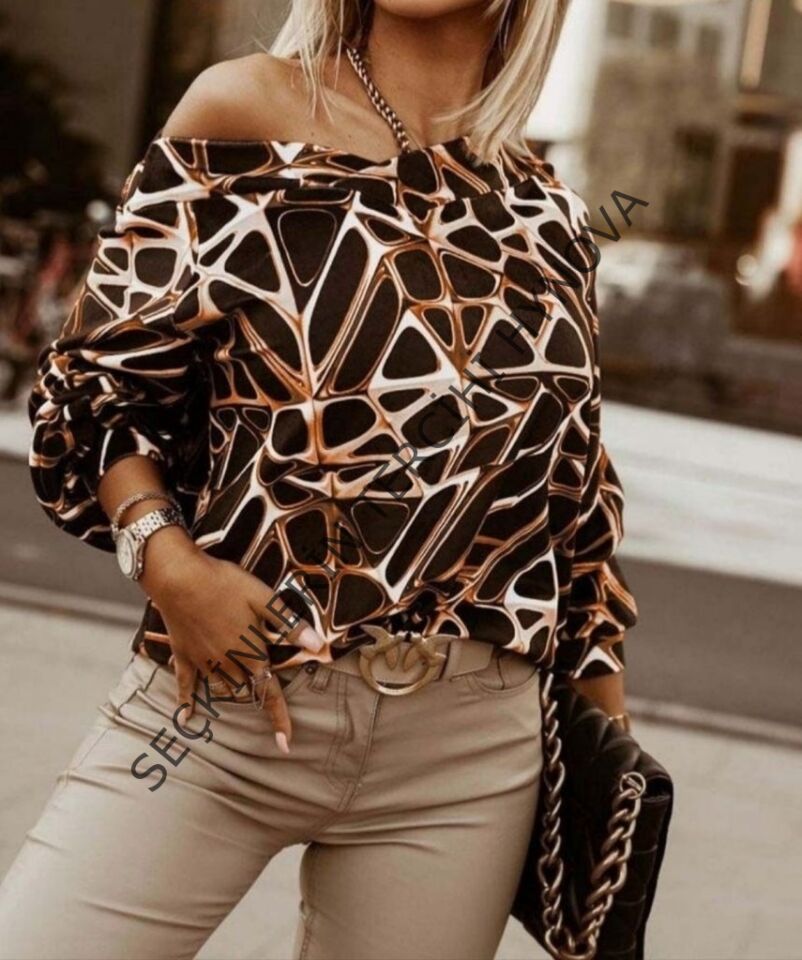 Kadın Uzun Kollu V Yaka Düşük Omuz Geometrik Desen şardonlu Dalgıç Bluz