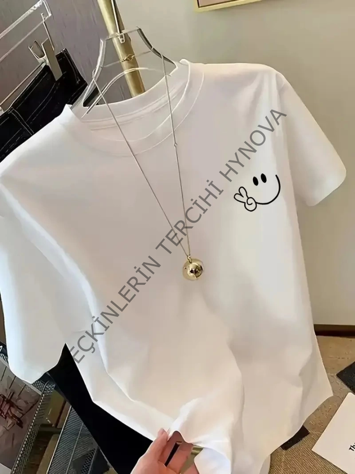 Baskılı Oversize Bisiklet Yaka T-shirt - Beyaz