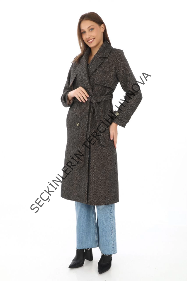 Balık Sırtı Yünlü Dokuma Kaşe Kaban – Kruvaze Yaka, Kuşaklı, Cepli, Astarlı Uzun Boy Tesettür Şık Kışlık Kaşe Kaban Modeli - Kahverengi