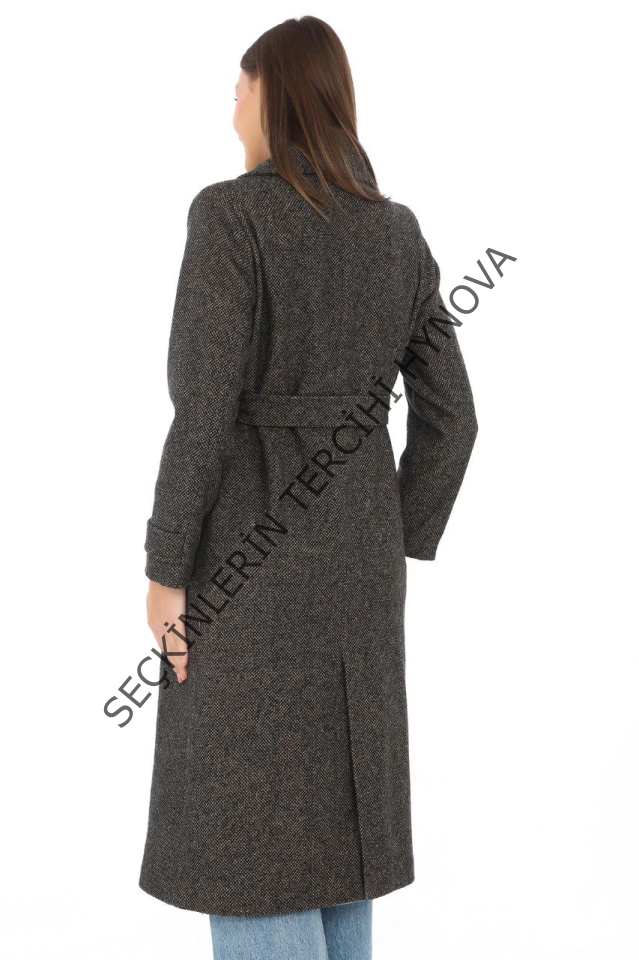 Balık Sırtı Yünlü Dokuma Kaşe Kaban – Kruvaze Yaka, Kuşaklı, Cepli, Astarlı Uzun Boy Tesettür Şık Kışlık Kaşe Kaban Modeli - Kahverengi