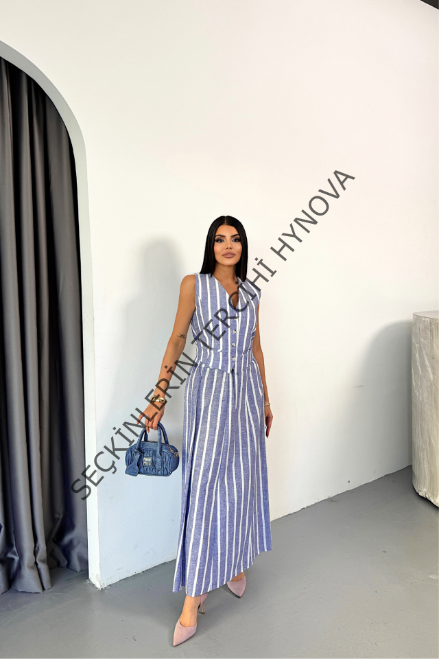 KETEN ÇİZGİLİ YELEK - UZUN ETEK TAKIM - Mavi