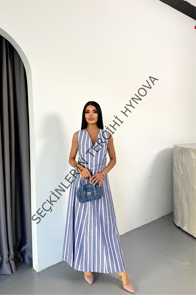 KETEN ÇİZGİLİ YELEK - UZUN ETEK TAKIM - Mavi