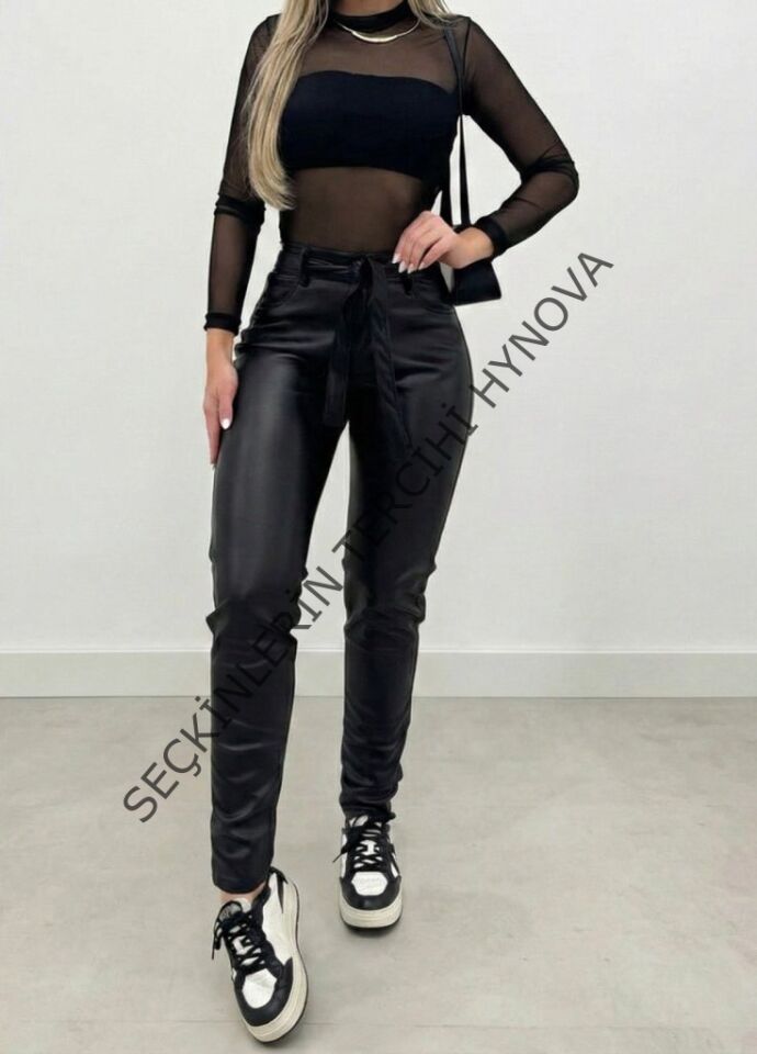 Kadın Yüksek Bel Kuşaklı Deri Pantolon