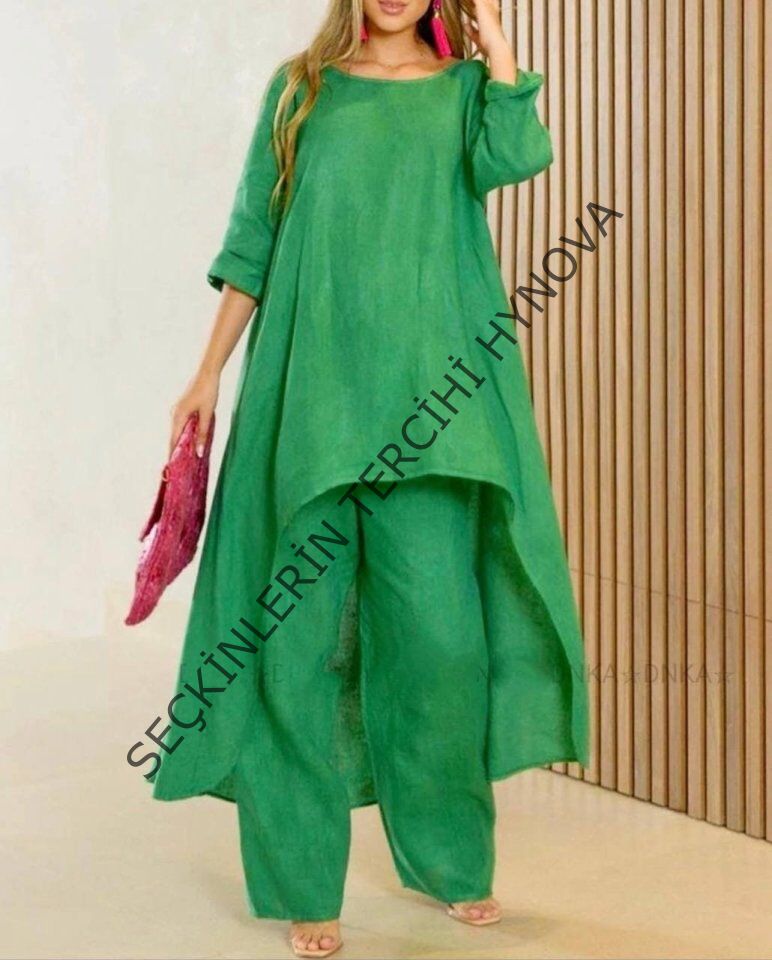 Kadın Uzun Kollu Kayık Yaka Detay Tunik Ve Pantolon Ikili Takım