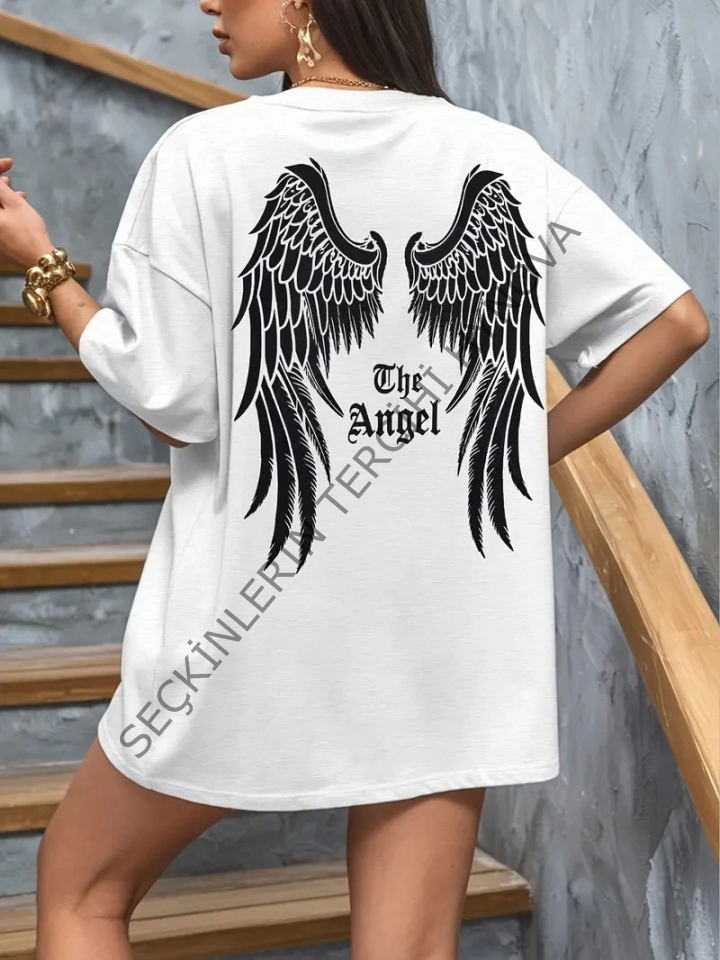 Baskılı Oversize Bisiklet Yaka T-shirt - Beyaz