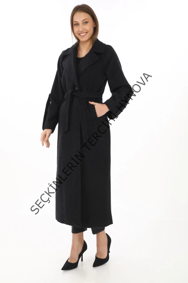 Uzun Kaşe Kaban – Yünlü Dokuma Kaşmir Kumaş, Kruvaze Yaka, Kuşaklı Astarlı Tesettür Uyumlu Şık Kışlık Siyah Model - Siyah
