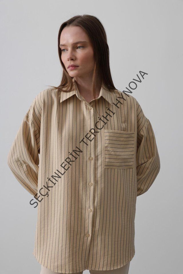 Çizgili Tek Cep Gömlek - Taş