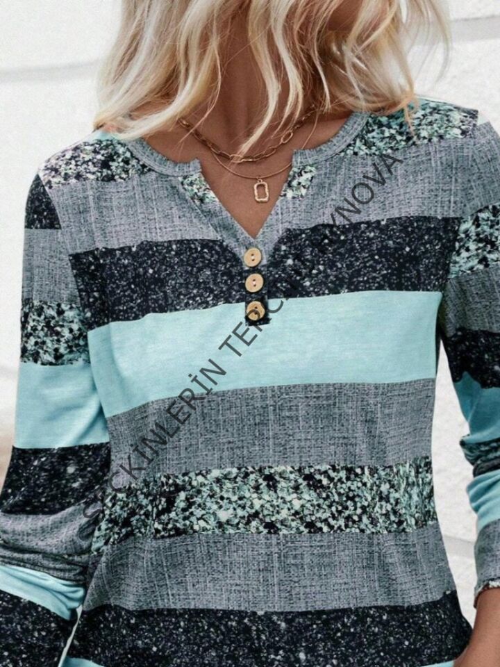 Kadın Uzun Kollu Yakadan Düğmeli çizgili Desenli Süprem Bluz