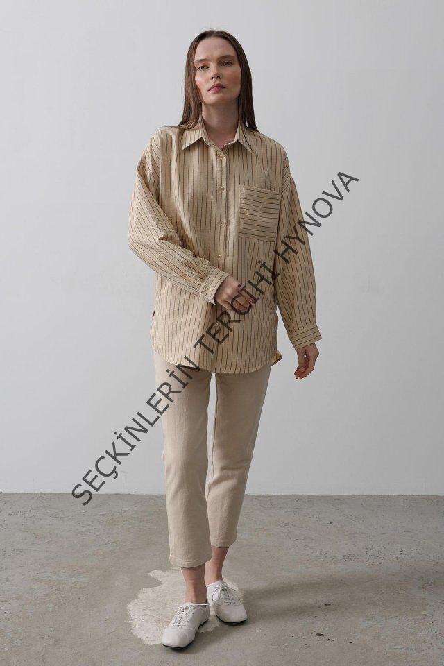 Çizgili Tek Cep Gömlek - Taş