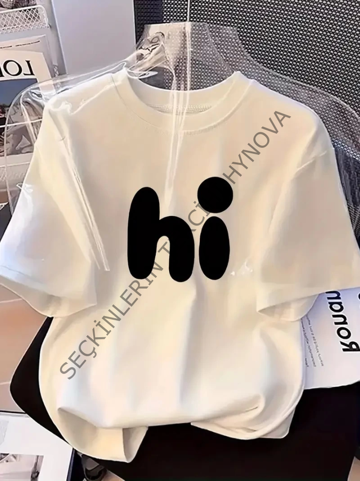 Baskılı Oversize Bisiklet Yaka T-shirt - Beyaz