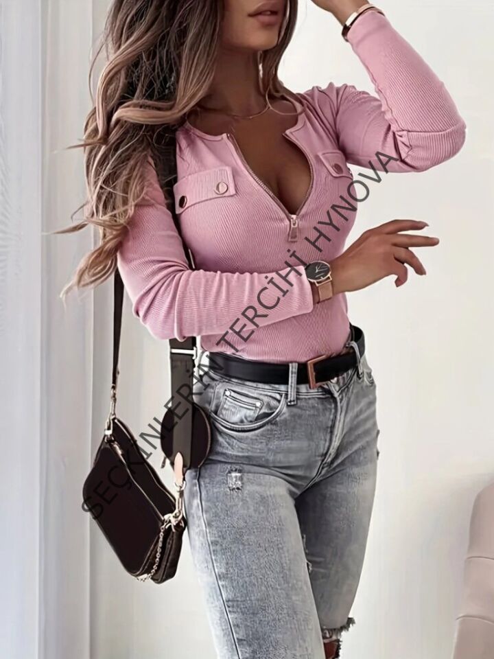 Kadın Uzun Kollu önden Fermuar Ve Cepli Kaşkorse Bluz