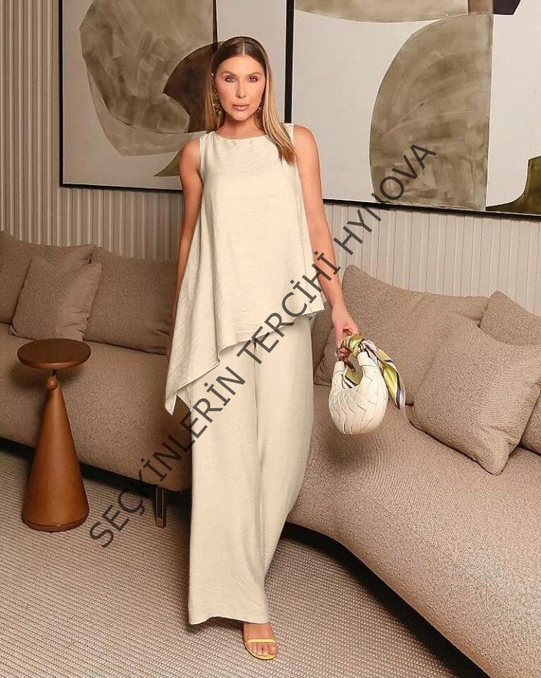 Asimetrik Bluz - Pantolon İkili Takım