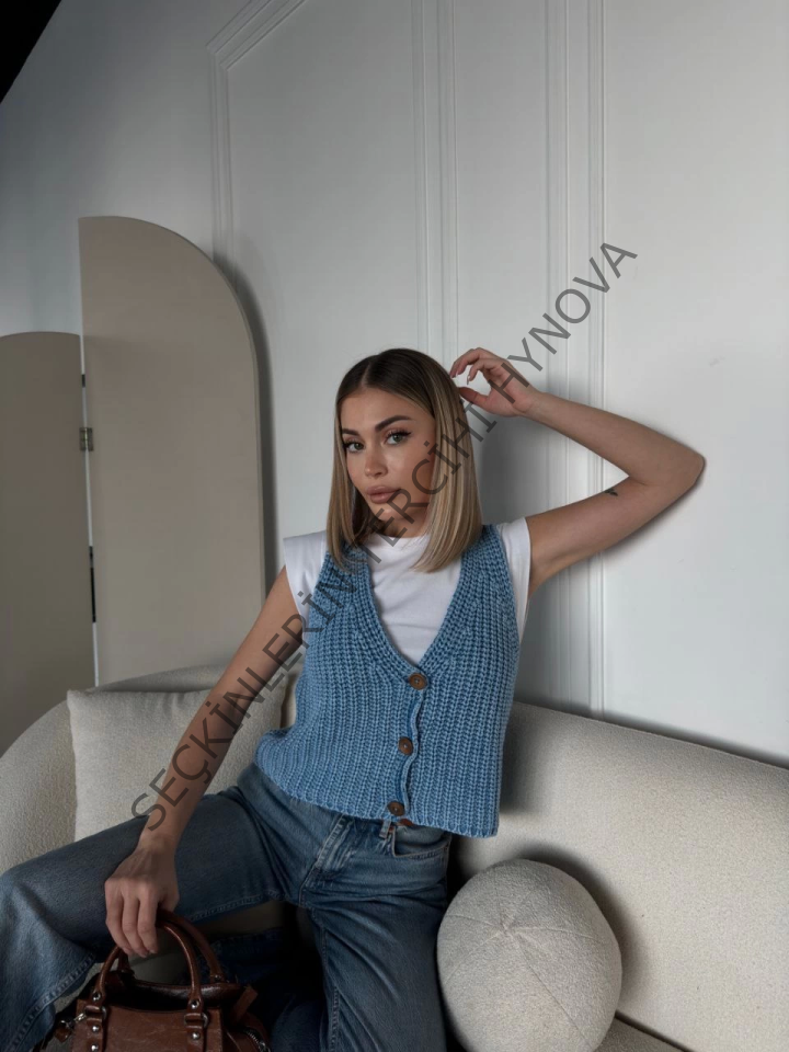 Triko Kolsuz Düğmeli Yelek - Mavi