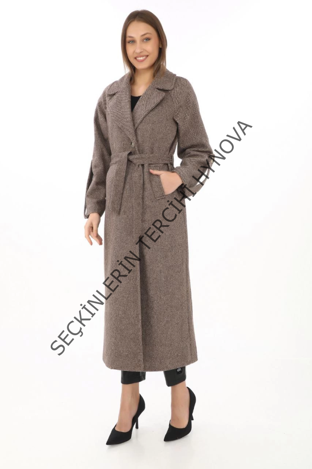 Uzun Kaşe Kaban – Yünlü Dokuma Kaşmir Kumaş, Kruvaze Yaka, Kuşaklı Astarlı Tesettür Uyumlu Şık Kışlık Siyah Model- Vizon