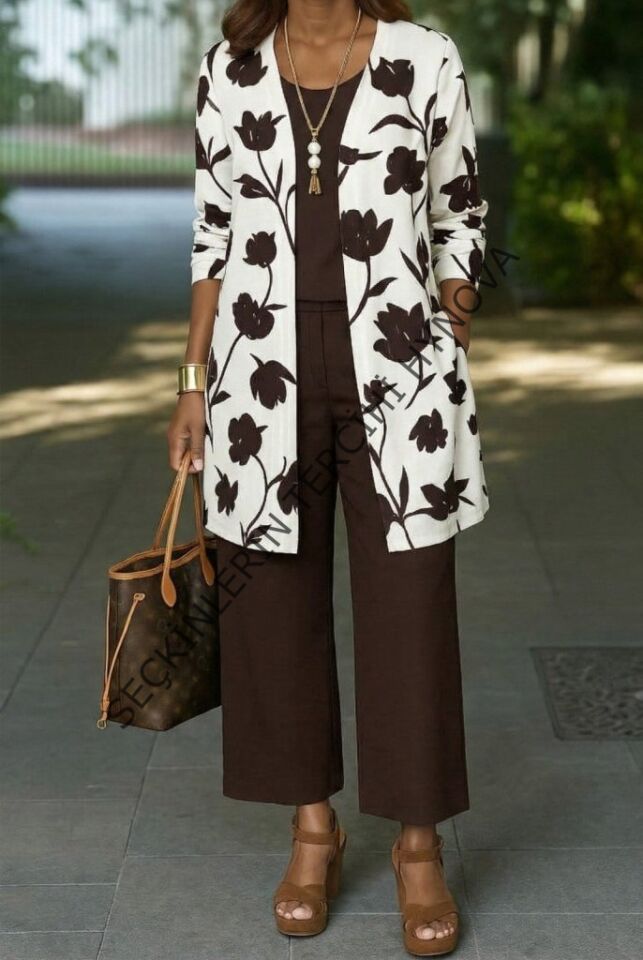 Kadın Uzun Kollu önü Açık Modal Ceket Kolsuz Viskon Iki Iplik Bluz Ve Pantolon üçlü Takım