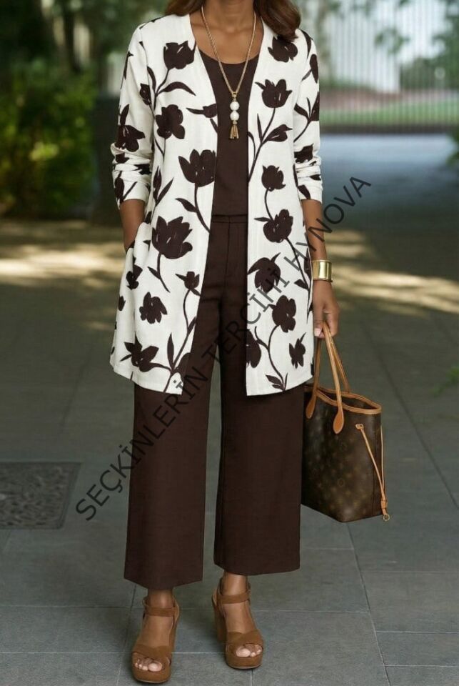 Kadın Uzun Kollu önü Açık Modal Ceket Kolsuz Viskon Iki Iplik Bluz Ve Pantolon üçlü Takım