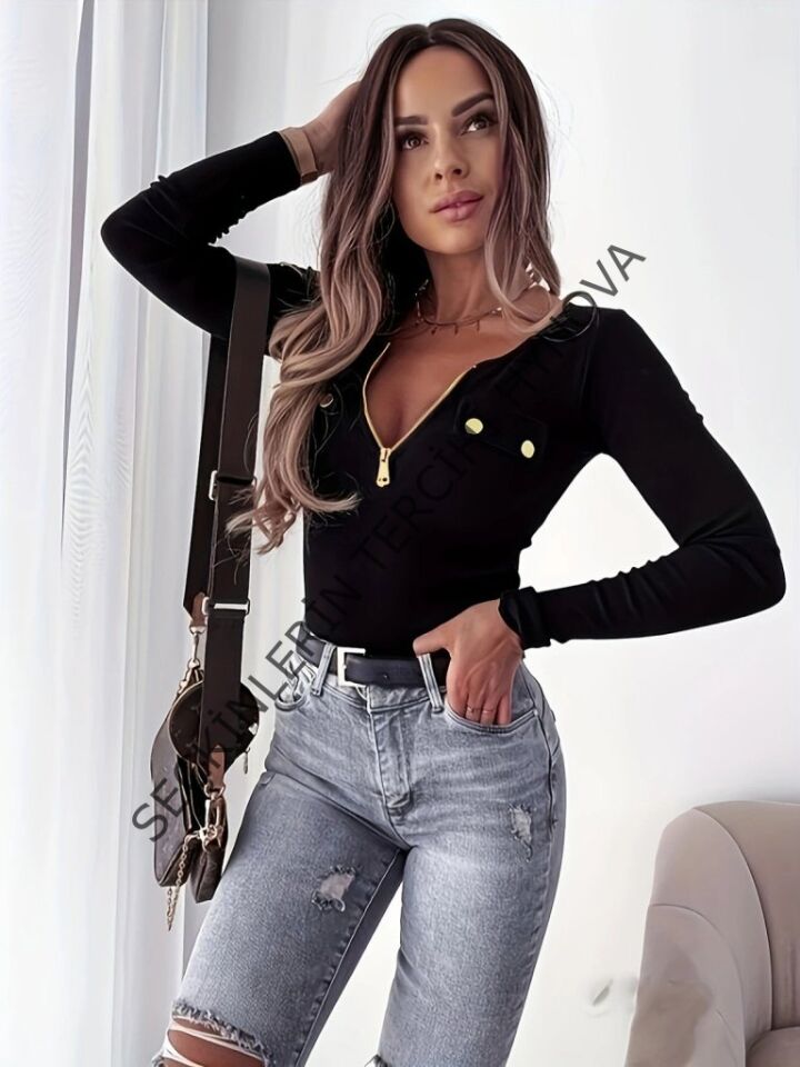 Kadın Uzun Kollu önden Fermuar Ve Cepli Kaşkorse Bluz