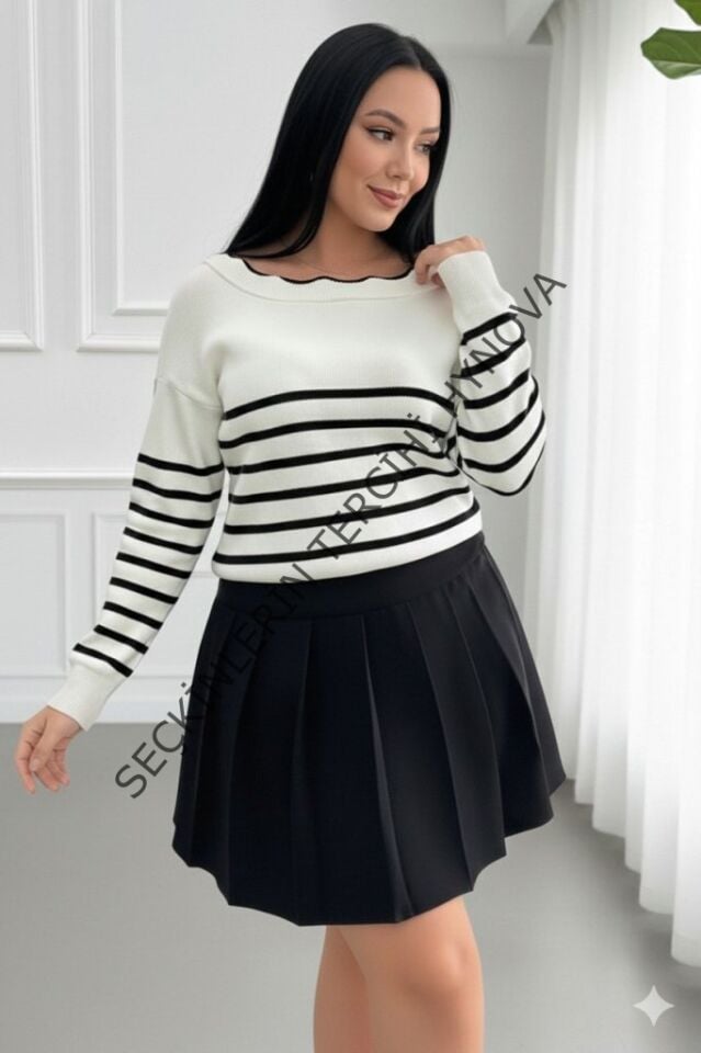 Kadın Beyaz Sırt Bağlama Detaylı çizgi Desen Triko Bluz