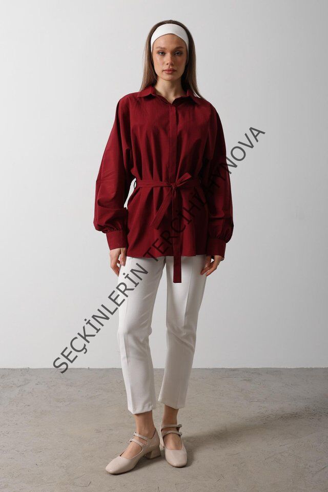 Bel Detaylı Gömlek - Bordo