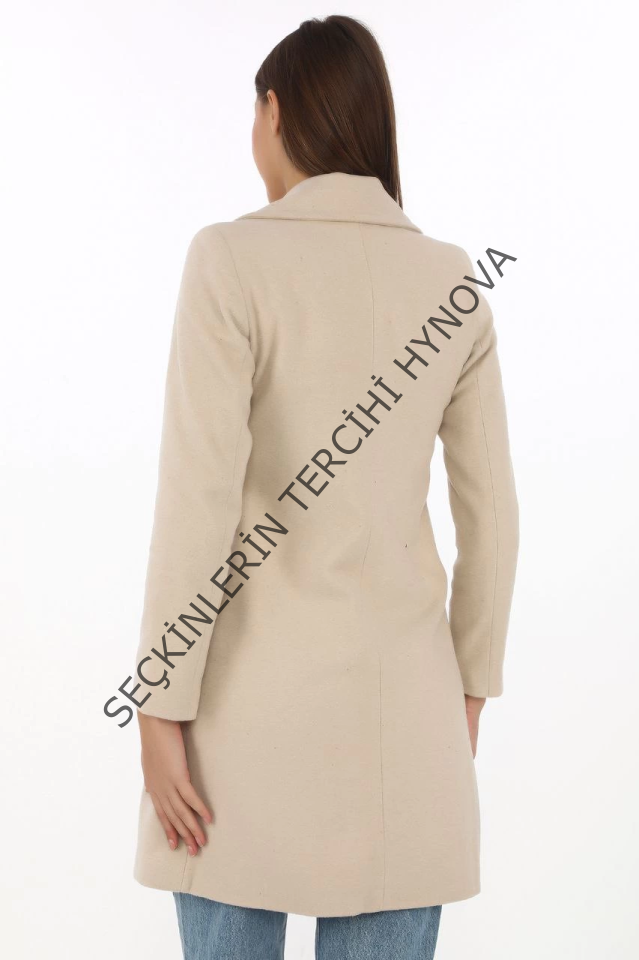 Kaşe Kaban – Siyah Yünlü Dokuma, Kruvaze Yaka, Astarlı, Cepli, Kuşaklı Uzun Boy Tesettür Uyumlu Kışlık Şık Kaban - Bej