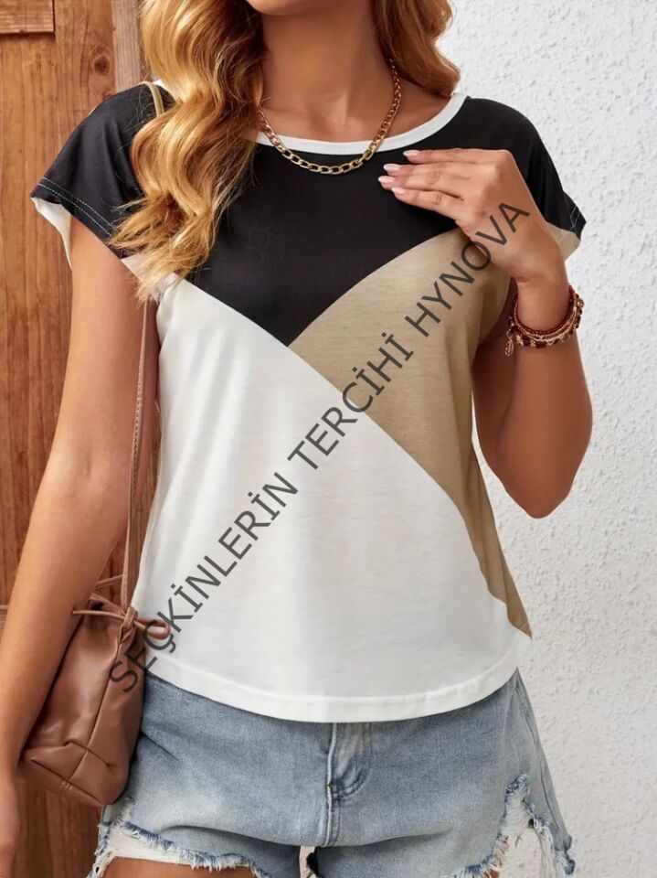 Kadın Bisiklet Yaka üç Renk Viskon T-shirt