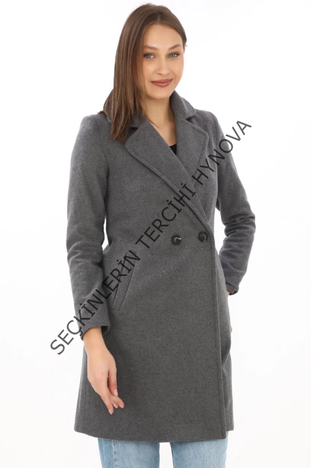 Kaşe Kaban – Siyah Yünlü Dokuma, Kruvaze Yaka, Astarlı, Cepli, Kuşaklı Uzun Boy Tesettür Uyumlu Kışlık Şık Kaban - Füme