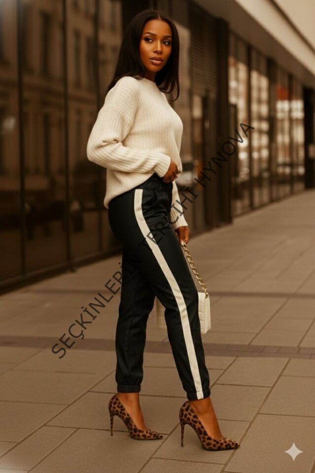 Kadın Yüksek Bel Lastikli Yan şerit Detaylı Deri Pantolon