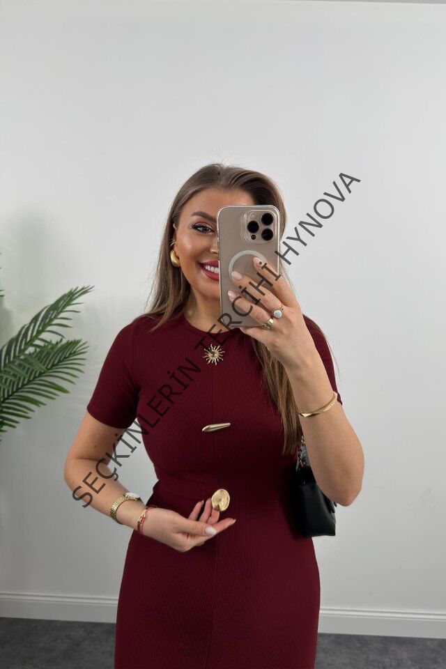 Kadın Ottoman Kumaş Likralı Düğme Tasarımlı Kısa Kol Kalem Elbise