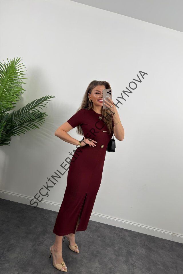 Kadın Ottoman Kumaş Likralı Düğme Tasarımlı Kısa Kol Kalem Elbise