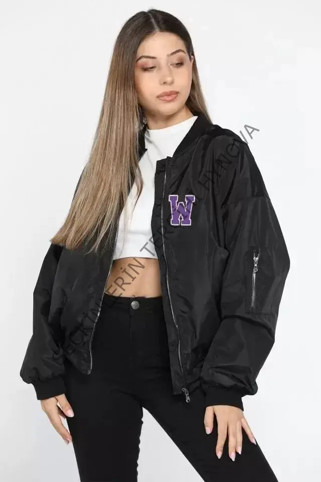 Unisex Uzun Kol Baskılı Bomber Ceket - Siyah