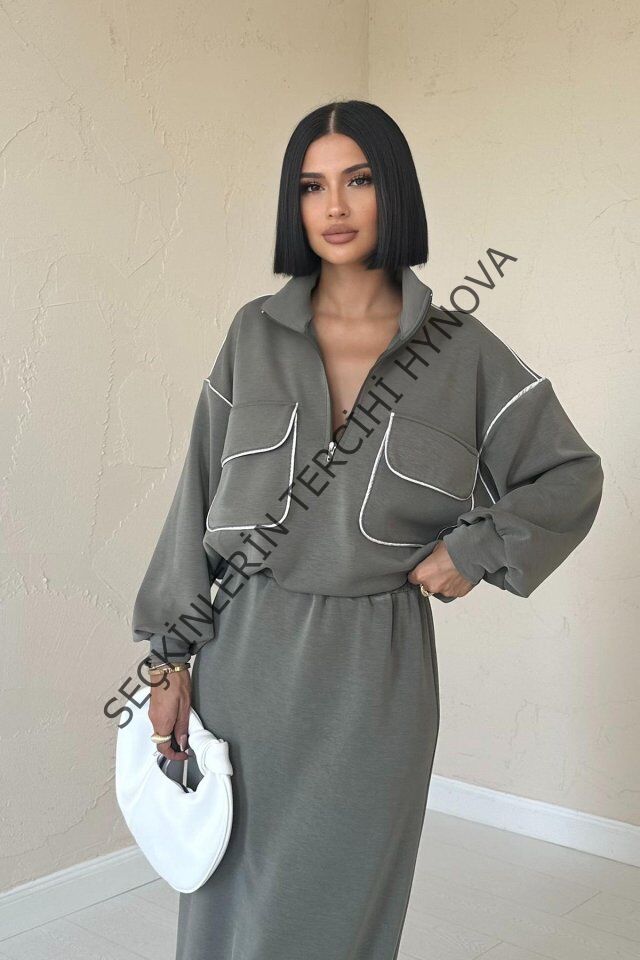 Haki Biyeli Sweatshirt Ve Etek Takım