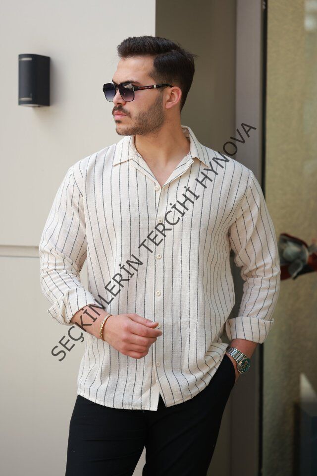 Erkek çizgili Keten Gömlek